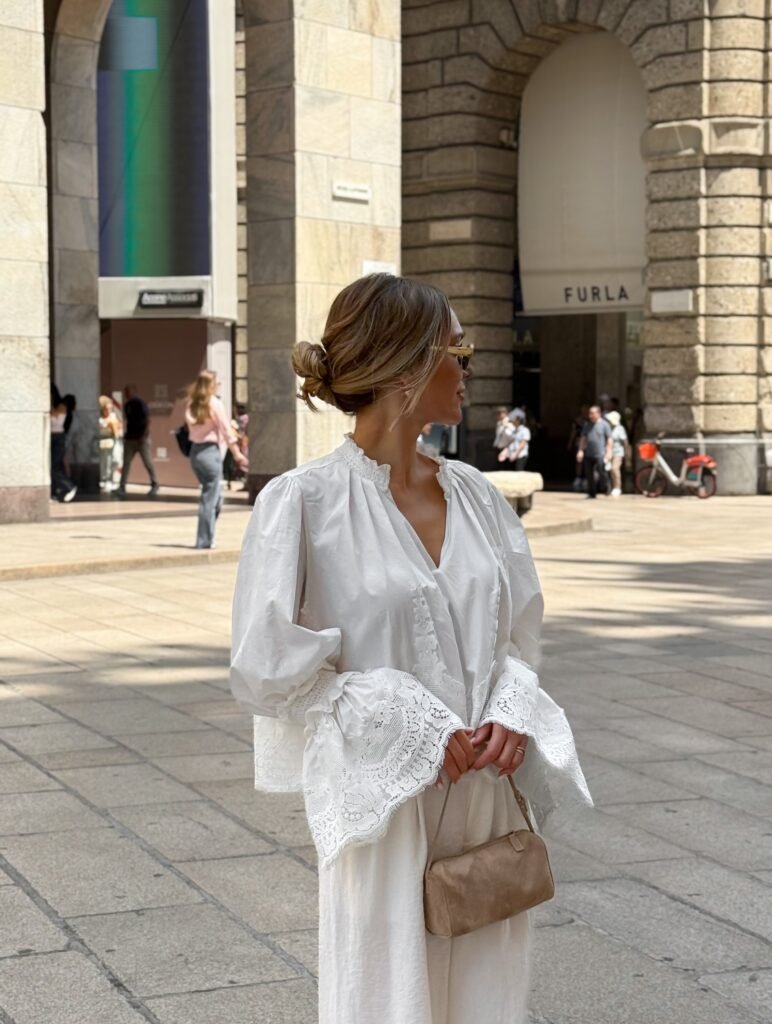 Lace-Trim White Blouse With Loose Trousers
