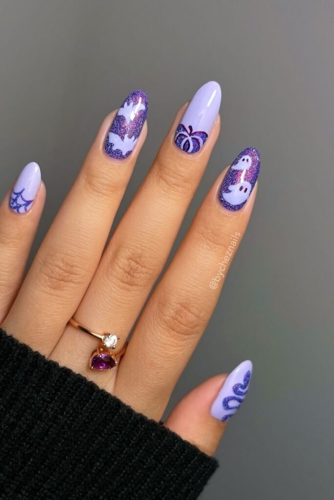 Lavender Glitter Halloween Nails With Ghosts and Bats