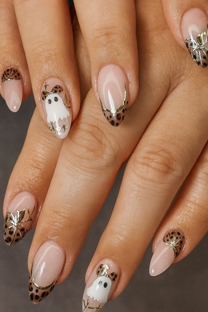 Leopard Ghost Halloween Cute Nails With Gold Details
