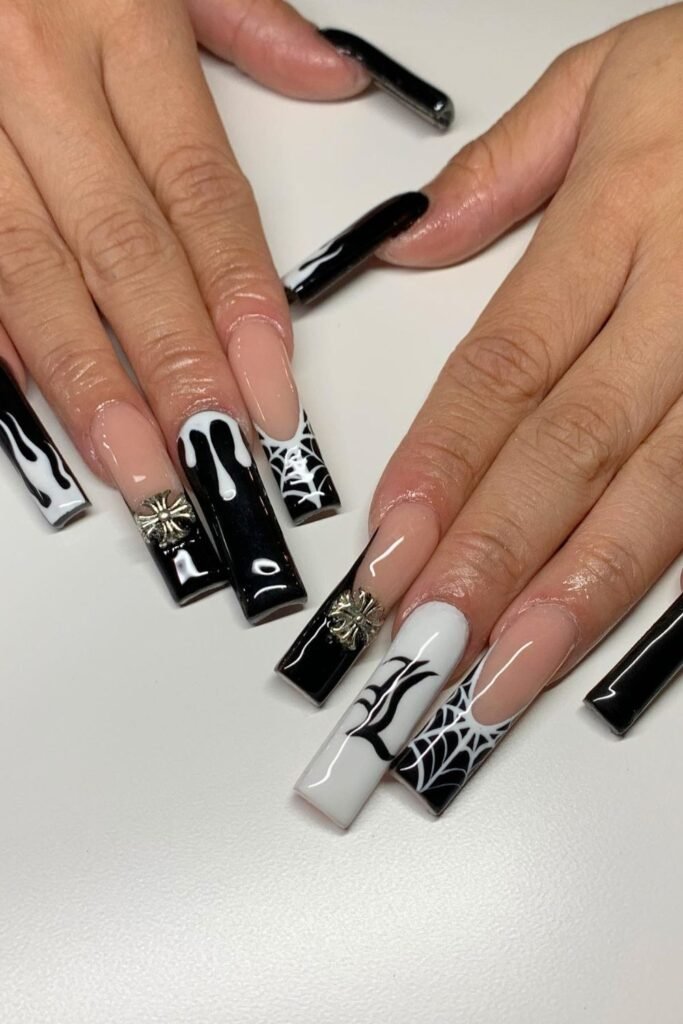 Long Black Square Nails With Webs, Drips, and Silver Charms