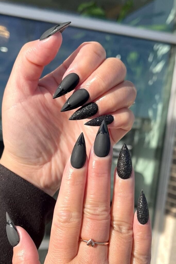 Matte Black Stiletto Nails With Glossy Drip Details