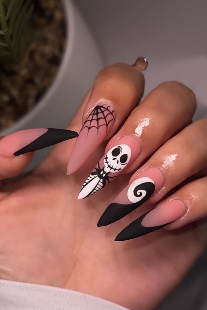 Matte Pink Jack Skellington Halloween Nails