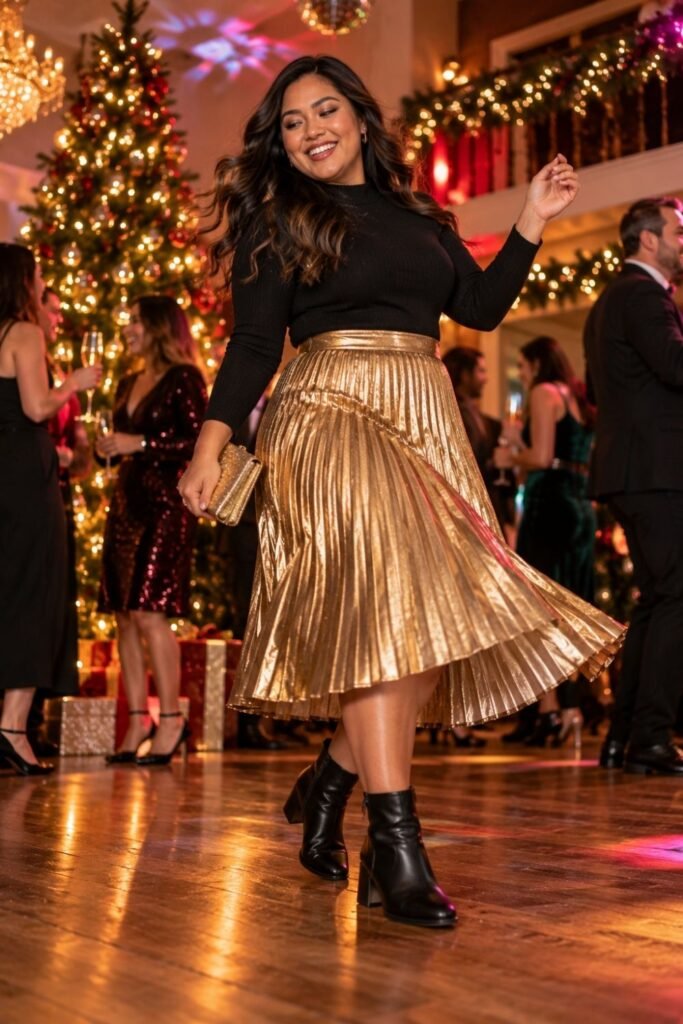 Metallic Pleated Midi Skirt With a Fitted Knit
