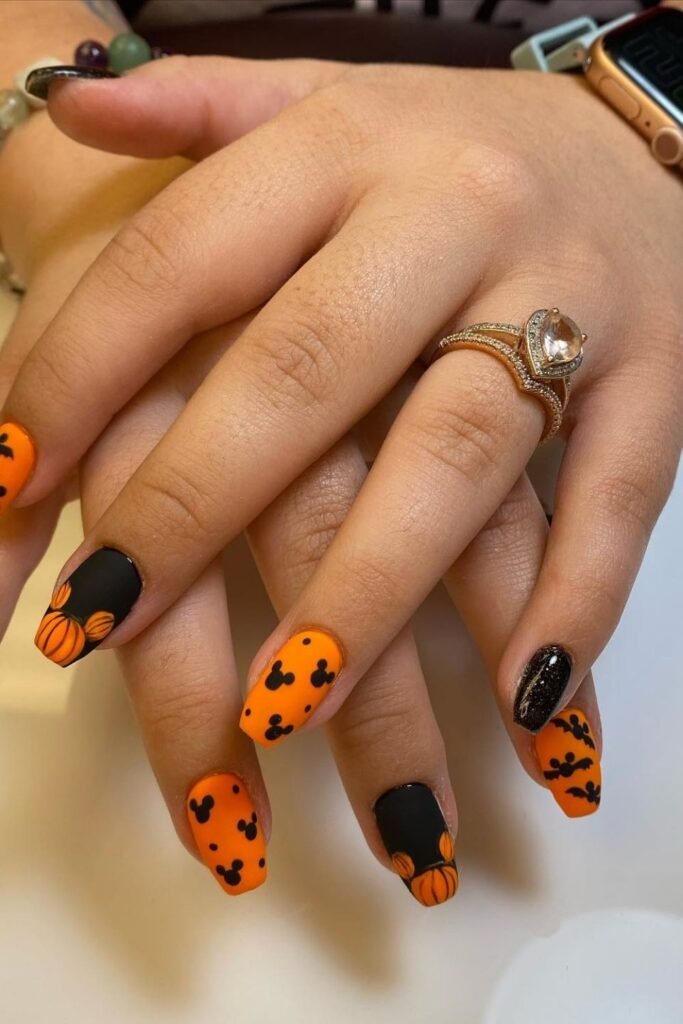 Mickey Ghost and Pumpkin Nails With Spiderweb French Tips