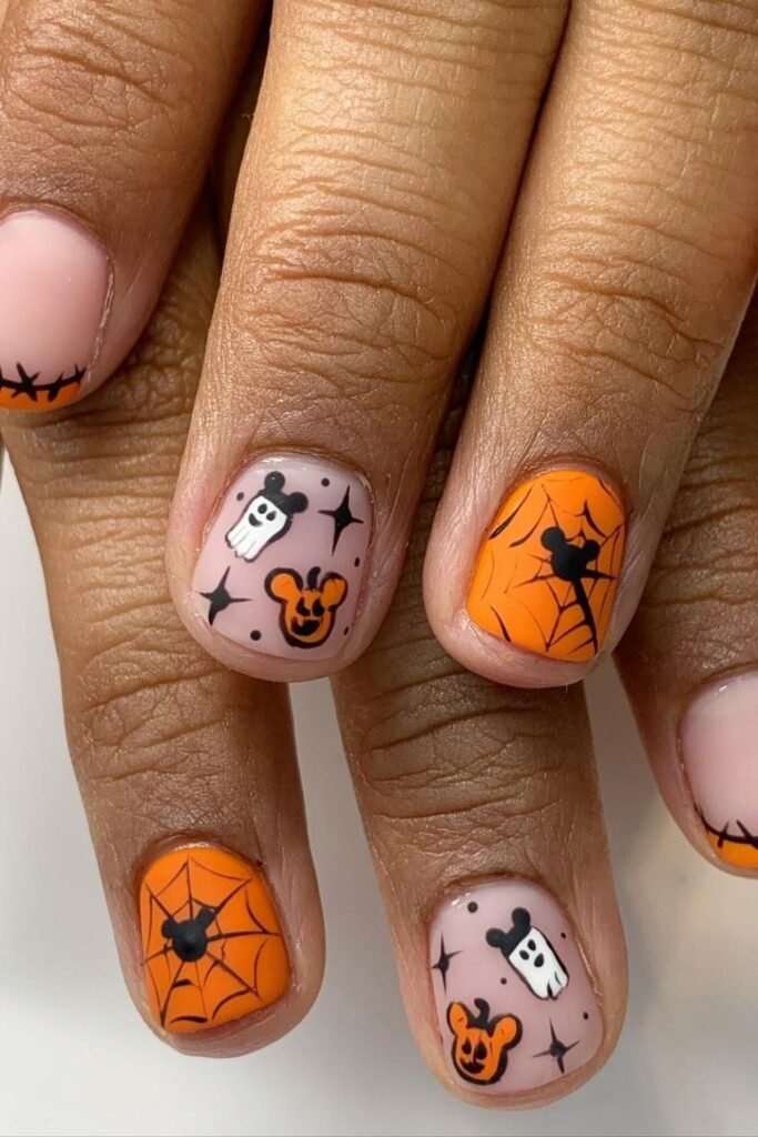 Mickey Ghosts and Stitched Orange French Tips