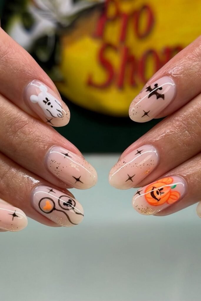 Minimal Disney Ghost and Pumpkin Almond Nails