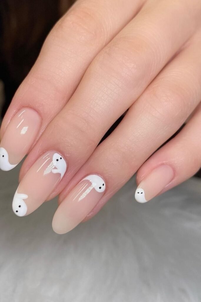 Minimal Halloween Cute Nails With Tiny Ghost Tips