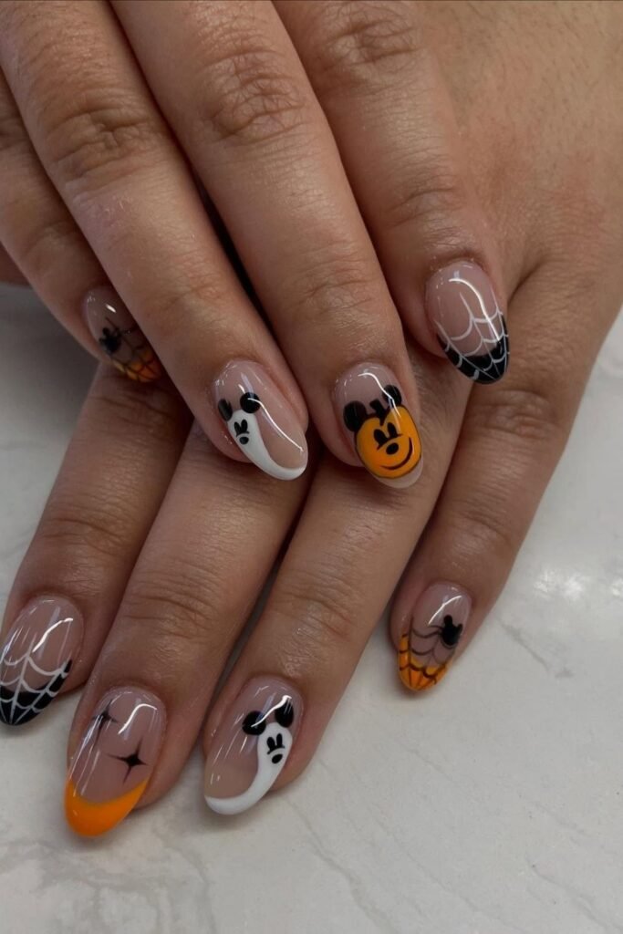 Minimal Mickey Ghost and Pumpkin Almond Nails