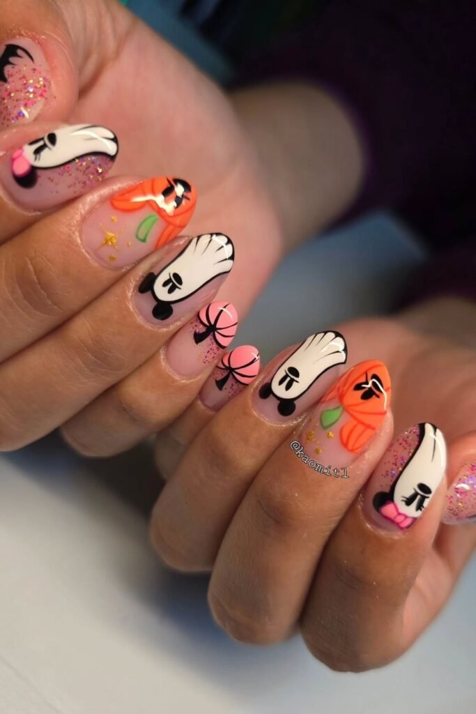 Minnie Pumpkin Glitter Halloween Nails