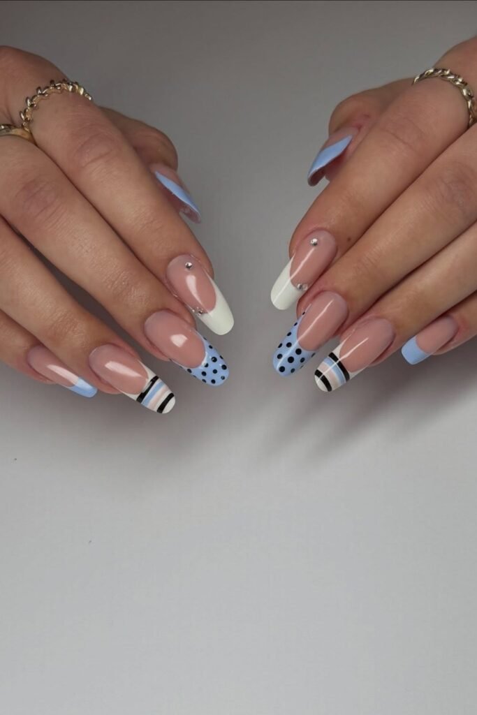 Mixed Baby Blue Accent Nails With Dots and Stripes
