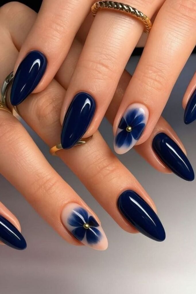 Navy Almonds With a Painted Blue Blossom Accent