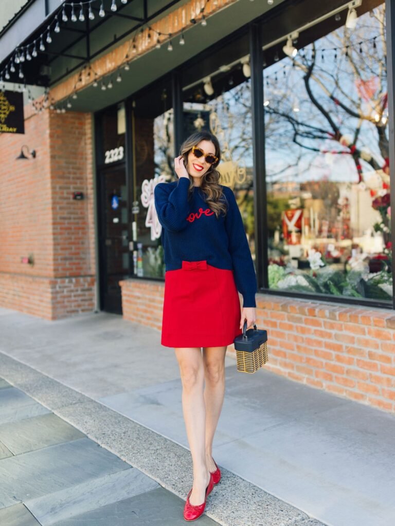 Navy Knit With a Bright Red Mini Skirt