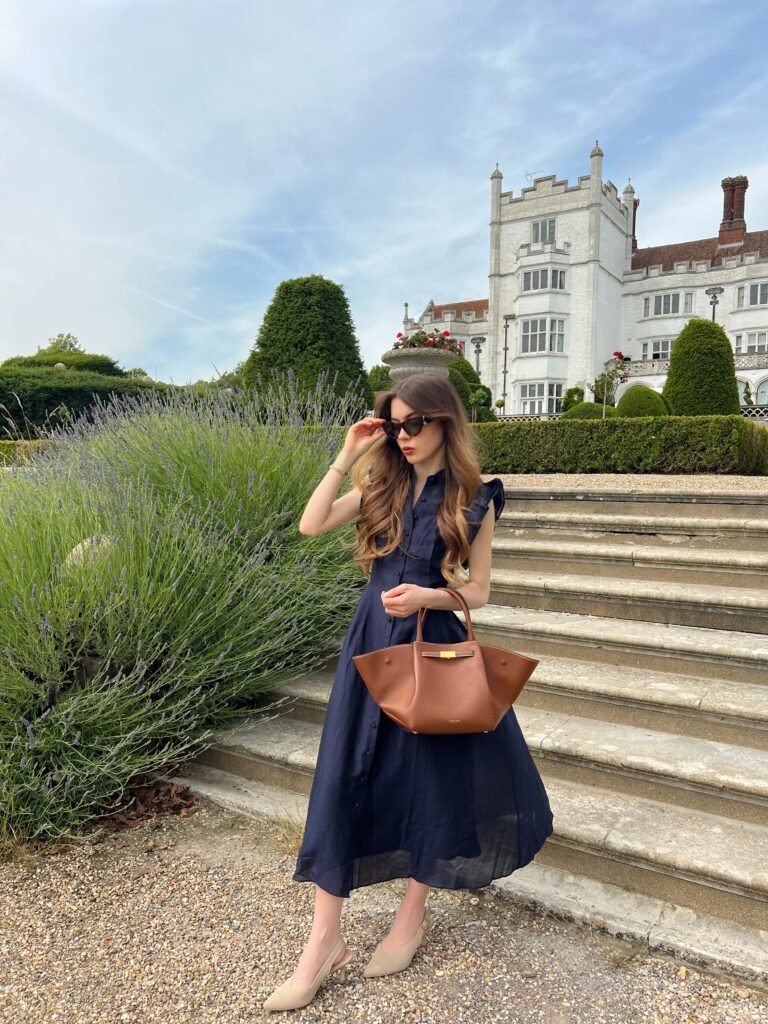 Navy Shirt Dress with Cognac Leather