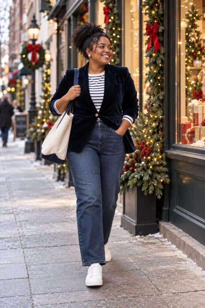 Navy Velvet Blazer With Dark Jeans