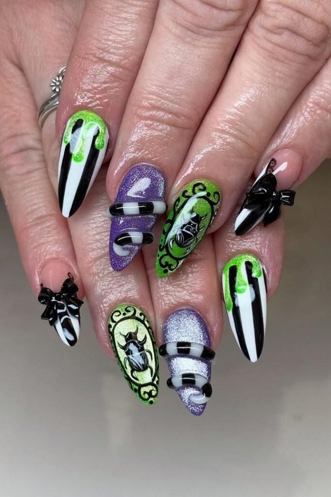 Neon Green and Purple Halloween Nails With 3D Details