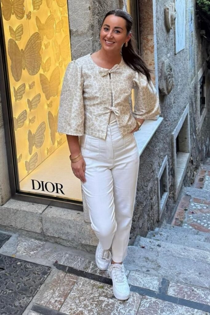 Neutral Tie Front Blouse With White Trousers