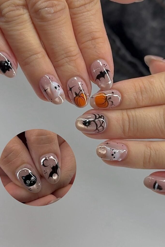 Nude Halloween Almond Nails With a Spiderweb Accent