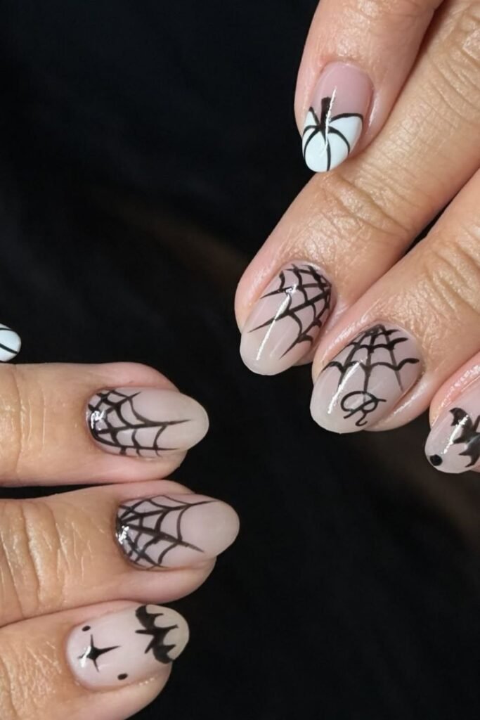 Nude Halloween Nails With Black Webs and White Pumpkins