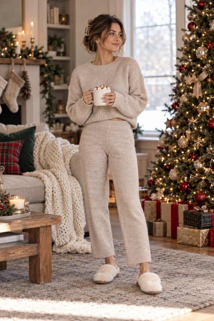 Oatmeal Knit Lounge Set for Christmas Day at Home