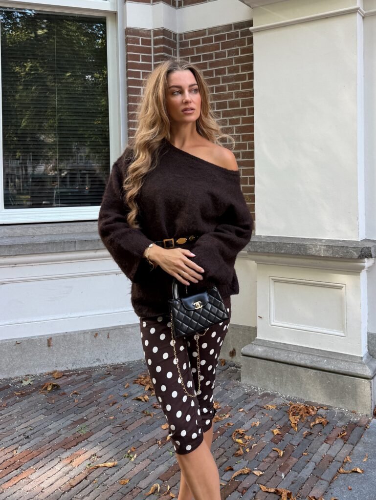 Off Shoulder Espresso Knit, Belted over Polka Dots