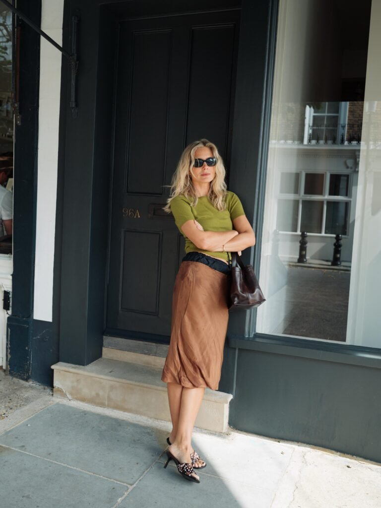 Olive Knit With a Brown Satin Midi Skirt