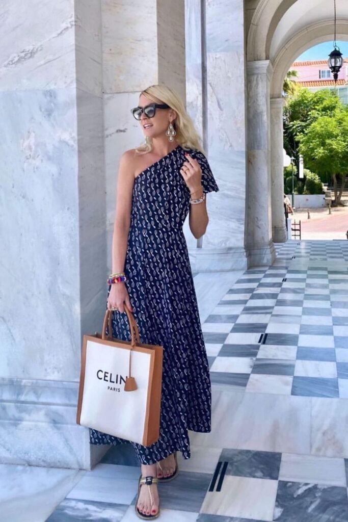 One-Shoulder Navy Maxi for a Warm Christmas Dinner