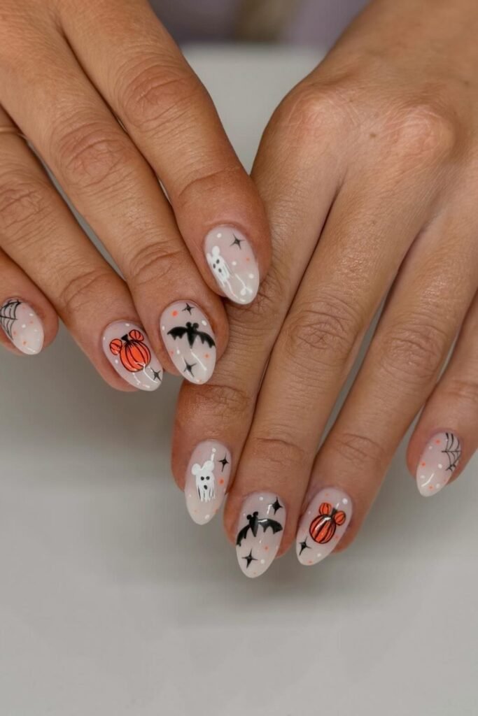 Orange, Black and White Ghost Halloween Almond Nails