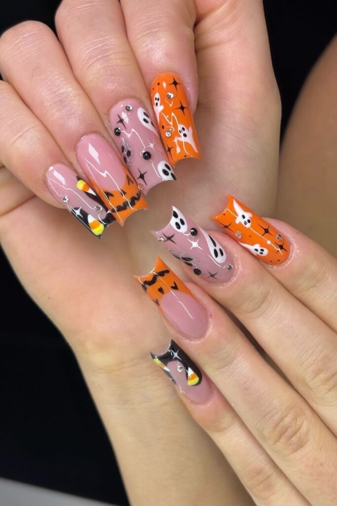 Orange Ghost and Candy Corn Halloween Nails