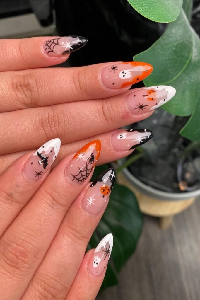Orange Ombre Mickey Pumpkin Nails With Black Drips