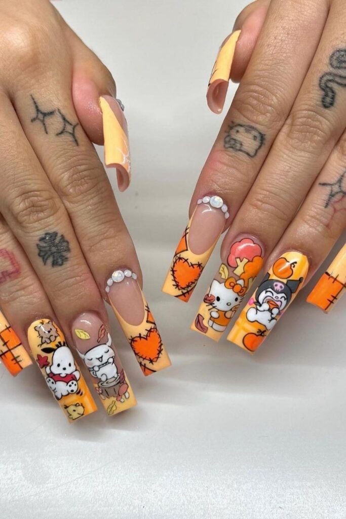 Orange Patchwork Hello Kitty Fall Halloween Nails