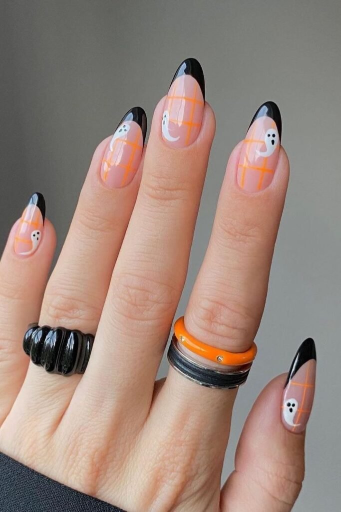 Orange Plaid Ghost Nails With Black French Tips