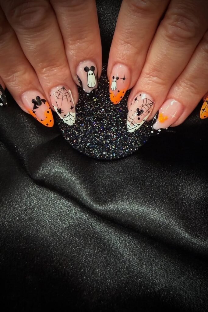 Spooky Glam Mickey Ghost and Web Nails