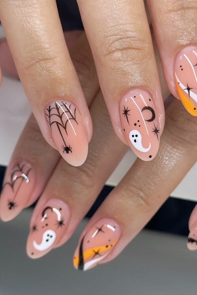 Orange and Black Celestial Halloween Nails
