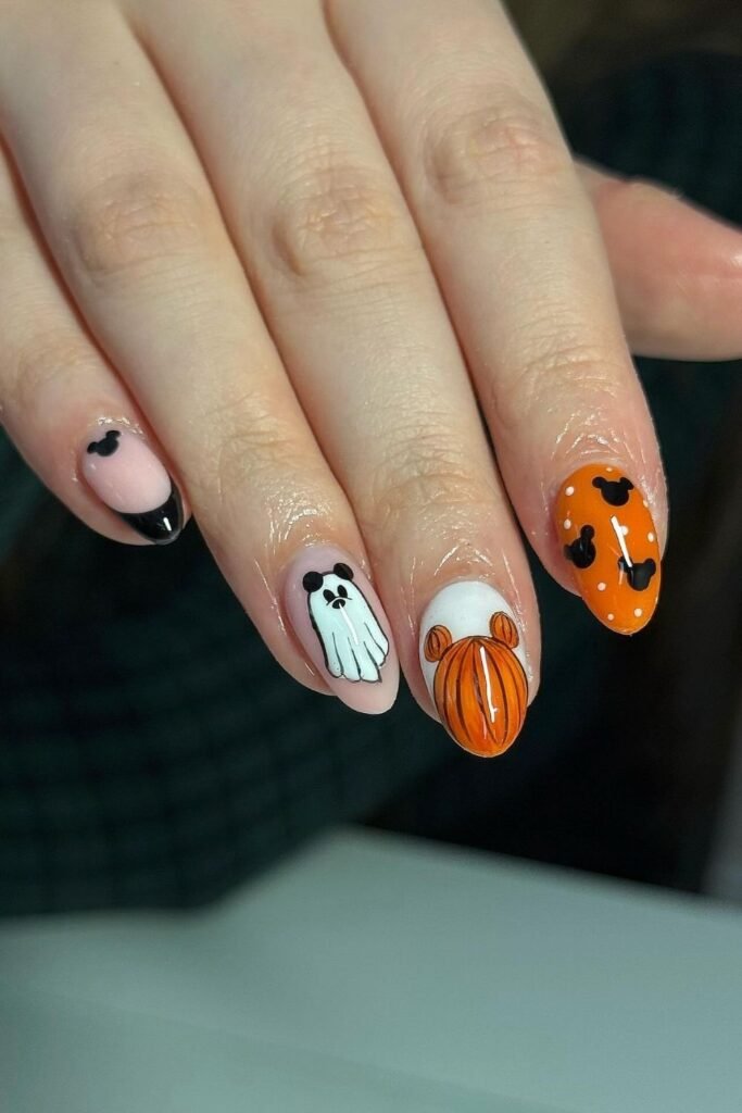 Orange and Black Mickey Pumpkin Halloween Nails