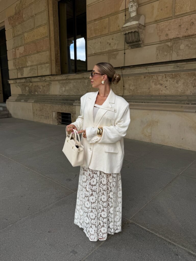 Oversized Cream Blazer over a Lace Maxi Skirt