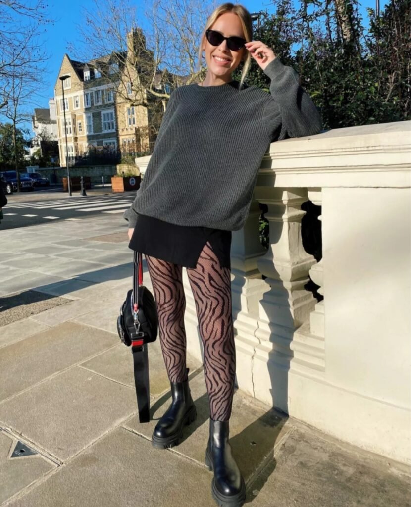 Oversized Grey Sweater, Mini Skirt, and Patterned Tights