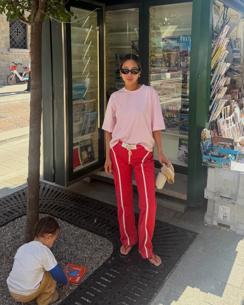 Pale Pink T-Shirt With Red Track Pants