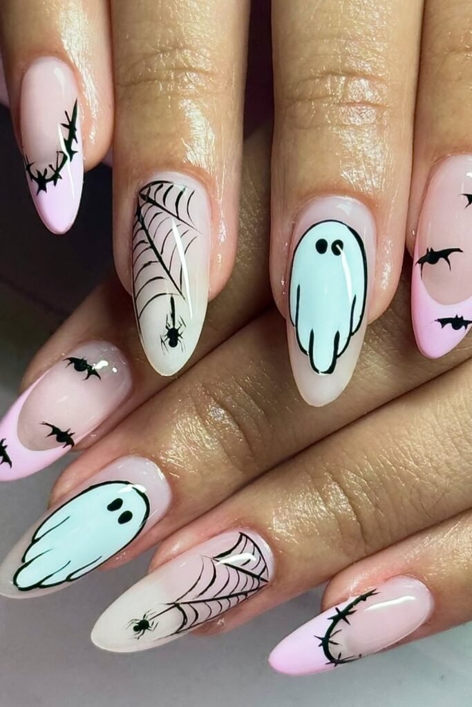 Pastel Ghosts, Bats and Spiderweb Almond Nails