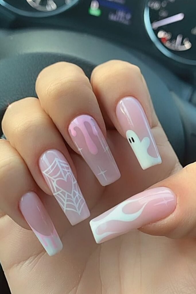 Pastel Pink Square Nails With Ghosts and Webs