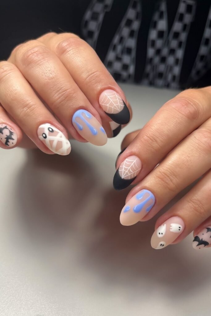 Pastel Slime, Mummy and Spiderweb Halloween Almond Nails