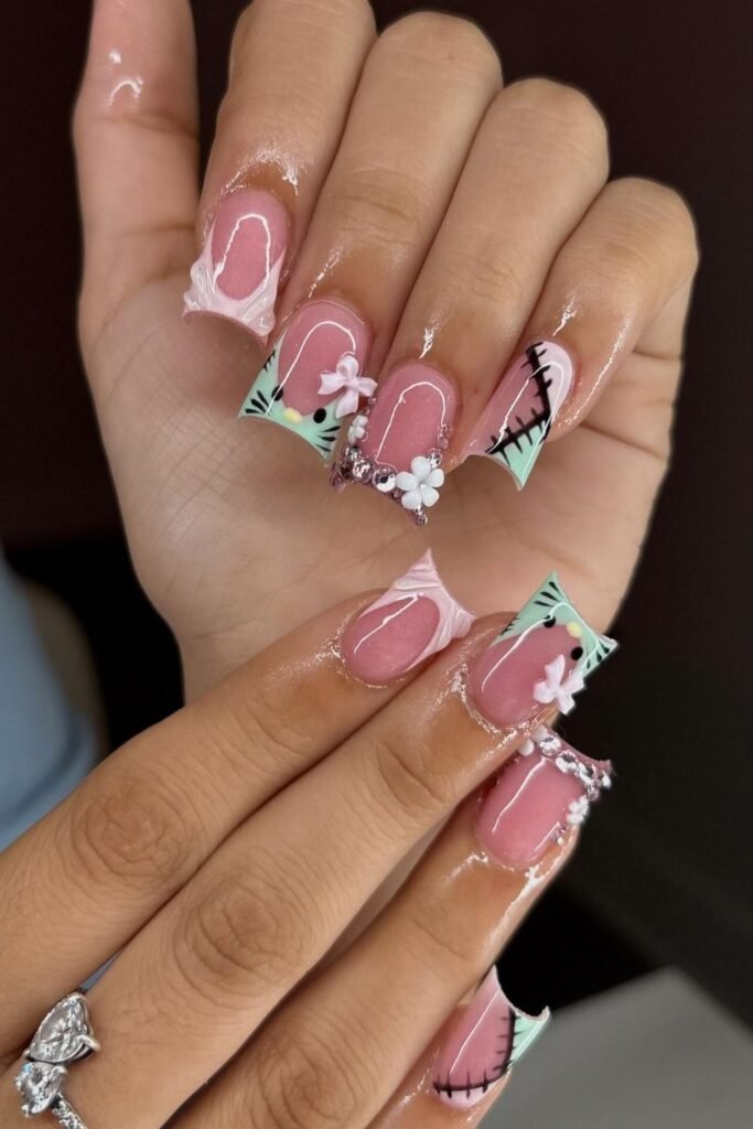 Pastel Stitched Hello Kitty Nails With Mint Tips