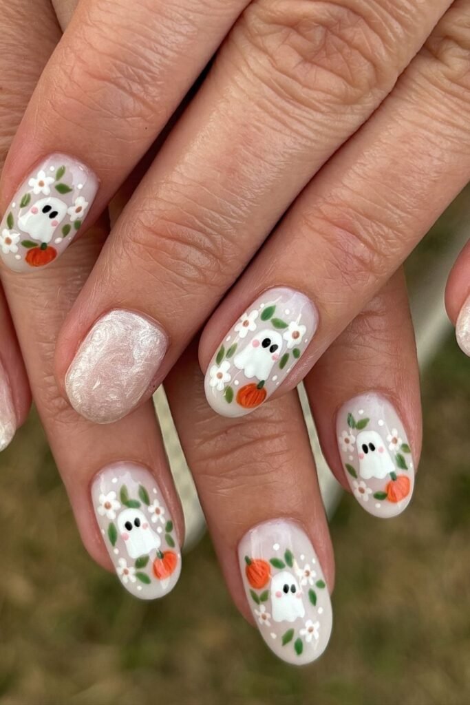 Pearly Ghost and Pumpkin Floral Nails