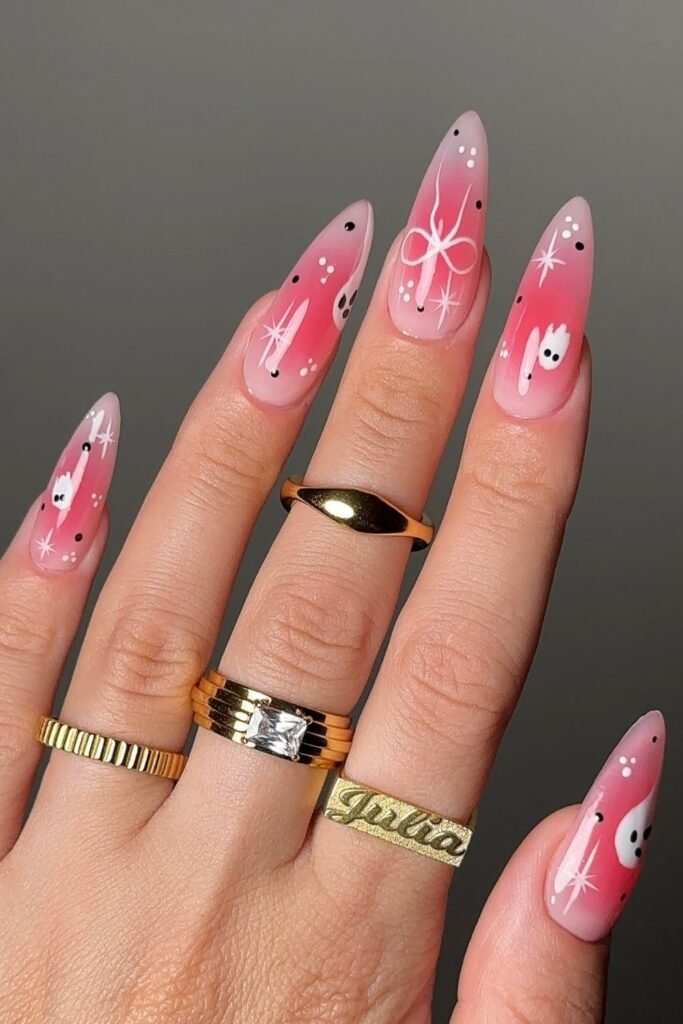 Pink Aura Ghost Nails With White Bows