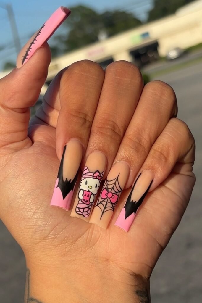 Pink Bat French Hello Kitty Halloween Coffin Nail