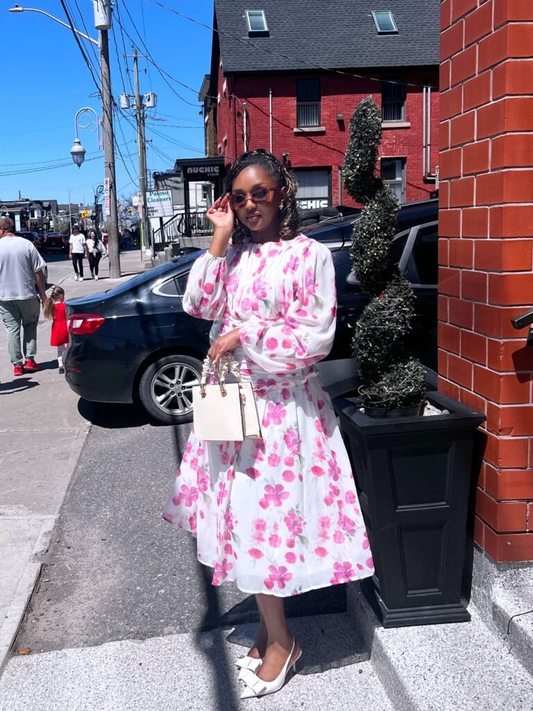 Pink Floral Midi Dress With Bow Slingback Heels