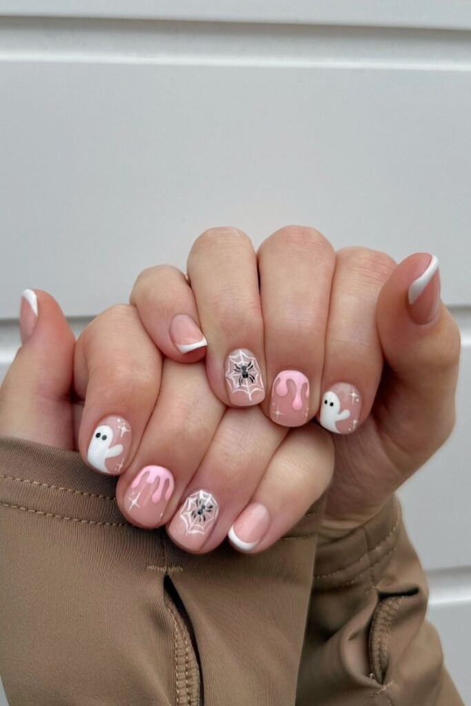 Pink Ghost and Spiderweb Halloween Short Nails
