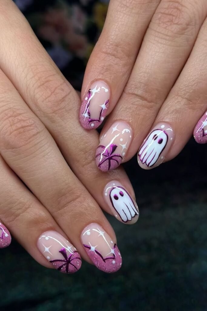Pink Glitter Ghost and Pumpkin Halloween Short Nails