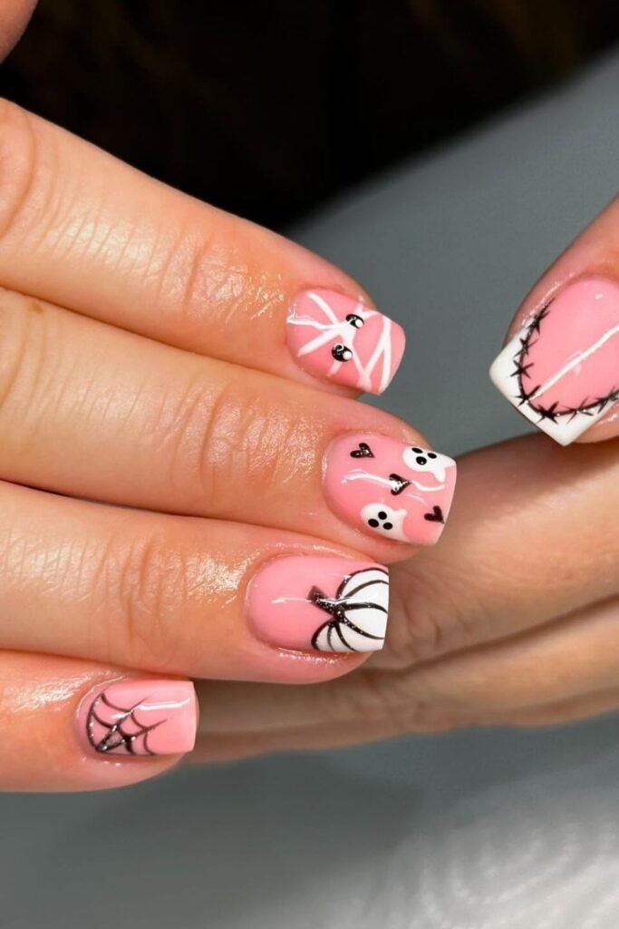 Pink Halloween Short Nails With Ghosts and Stitches