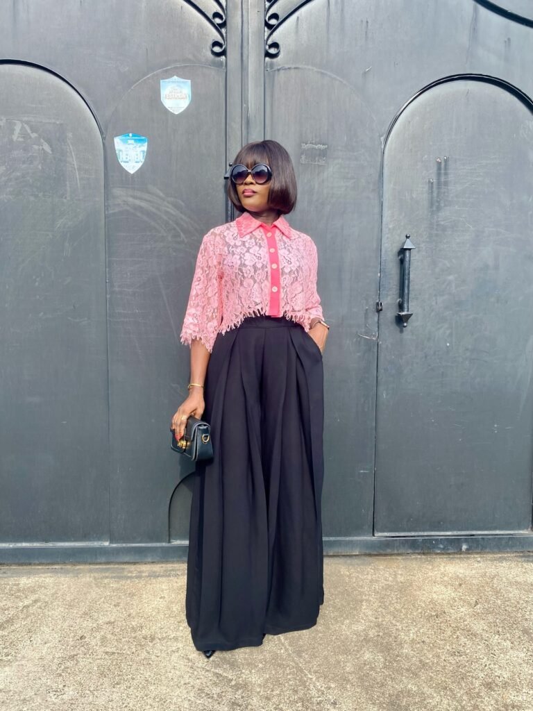 Pink Lace Blouse With Black Wide Leg Trousers