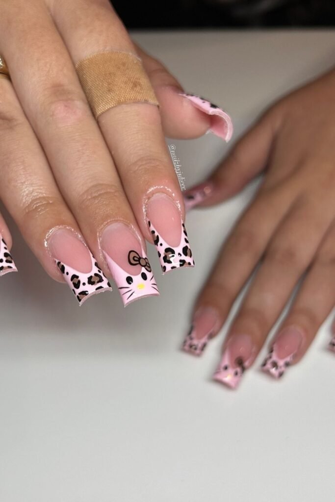 Pink Leopard Hello Kitty French Tips